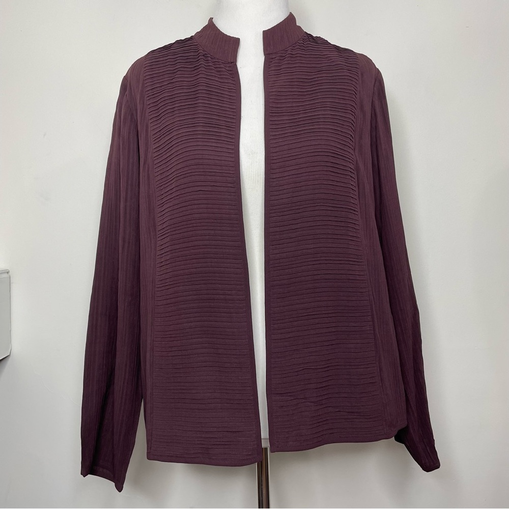 Eileen Fisher Size M Purple Pleated Silk Open Front Long Sleeve Cardigan Jacket
